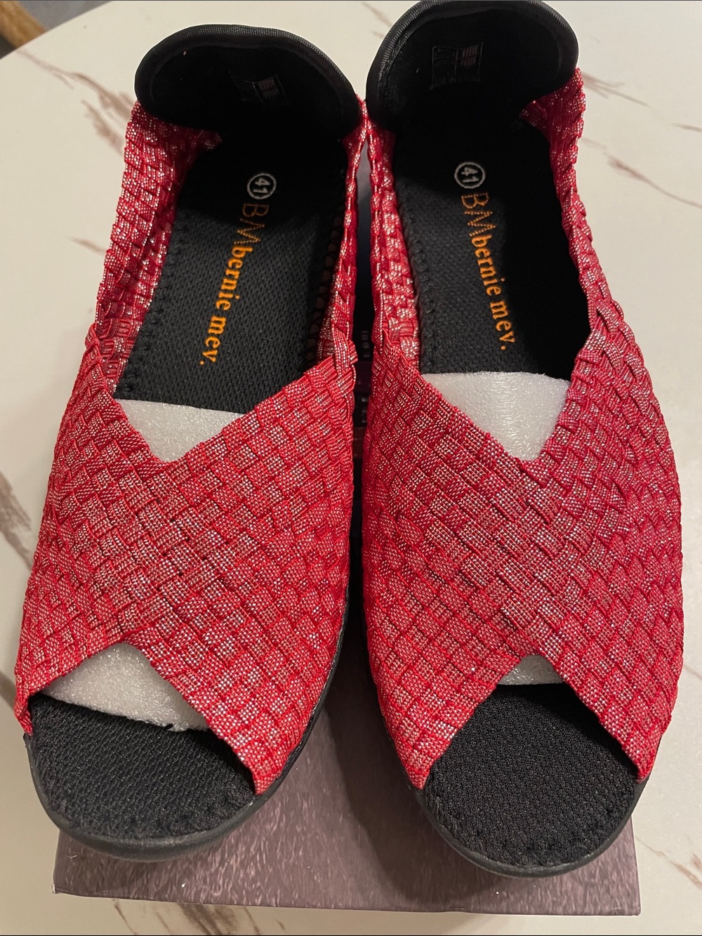 bernie mev. Red Woven Peep-Toe Mules